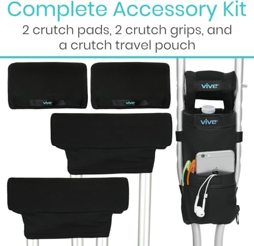 Vive Crutch Pads, Bag, & Hand Grips (5 PCS) - Crutches for Adults Armpit Padding, Hand Grips, Accessories Pouch - Soft Tips Medical Padded Handles for Kids, Men, Women - Lightweight