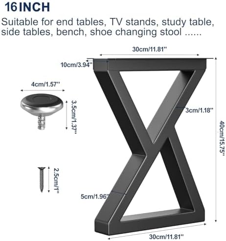 16" Metal Bench, Desk and Coffee Table Legs, Heavy Duty Furniture Legs, Black End Table Legs (H16 x W11.8, Set of 2)