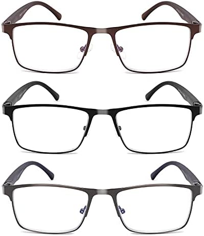 3-Pack Reading Glasses for Men Blue Light Filtering Full Frame Metal Readers Anti Uv/Eye Strain/Glare