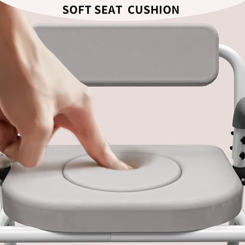 Adjustable Medical Bedside Commode Chair with Padded Backrest, Drop Arm Support, Height Adjustable White
