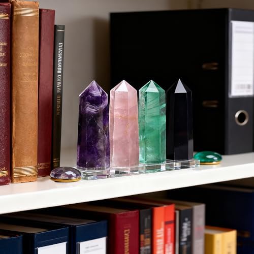 4PCS 1.96-2.75" Natural Crystals Tower Figurine Ornaments Polishing Rose Quartz Amethyst Stone Hexagonal Point Wand Obelisk Statue for Aquarium Decorative Rocks Gifts Home Decor(1.96-2.75inch 4pcs)