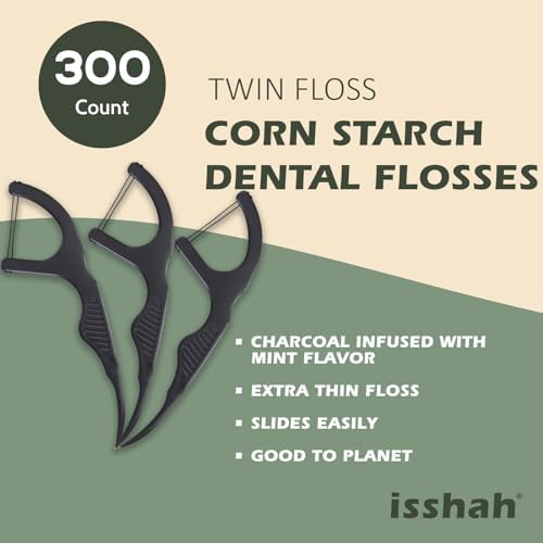 Natural Dental Floss Picks (300 Count) - Kraft Paper Box Packaging, Plant Based, PETA Approved Vegan, Eco Friendly, Sustainable Dental Flossers - Twin Floss (Charcoal)