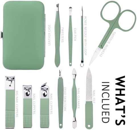 HANTEKAS Manicure Set 10 in 1 Stainless Steel, Nail Clippers Scissors Pedicure Tools Kit - Portable Travel Grooming Kit for Men and Women with Leather Case (Jade Green)