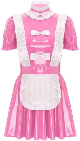 Women's Patent Leather Wetlook Anime Cosplay French Apron Maid Fancy Dress Tutu Costume