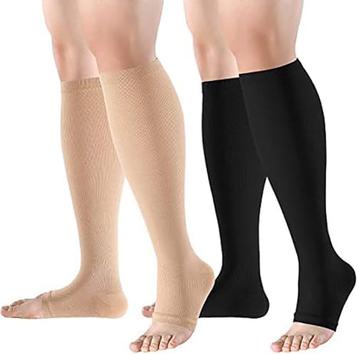 2 Pairs Open Toe Compression Socks Support Knee High Socks Toeless Workout Support Socks Circulation Compression Stockings