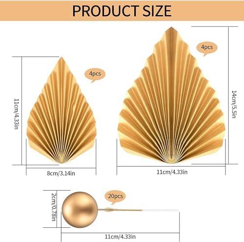 20 Pcs Gold Balls Cake Toppers, 8 Pcs Gold Palm Leaves Cake Decorations, Foam Balls Paper Palm Leaf Cake Toppers Insert Decorations for Birthday Baby Shower Wedding Party Decorations