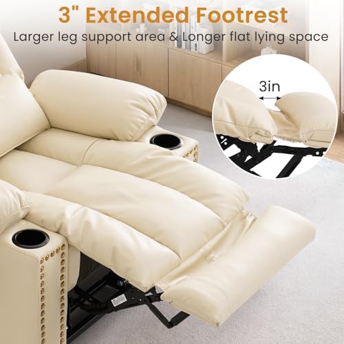 Dual Motor Power Lift Recliner Chair for Elderly, Infinite Position Lay Flat Lift Chair with Massage and Heat,Extended Footrest, Leather, USB Ports, Cup Holders & Lumbar Pillow (Cream (Nailhead Trim))