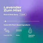 Indigo Wild Zum Mist Room & Body Spray - Aromatherapy Essential Oil Spray - Natural Body Mist & Room Spray - Lavender Scent - 4 fl oz (2 Pack)