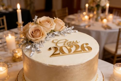 Class of 2026 Cake Topper, Acrylic Gold Graduation Cake Topper Cake Side Decoration for 2026 High School/College/Senior Graduation Party Cake Charm Decor Supplies