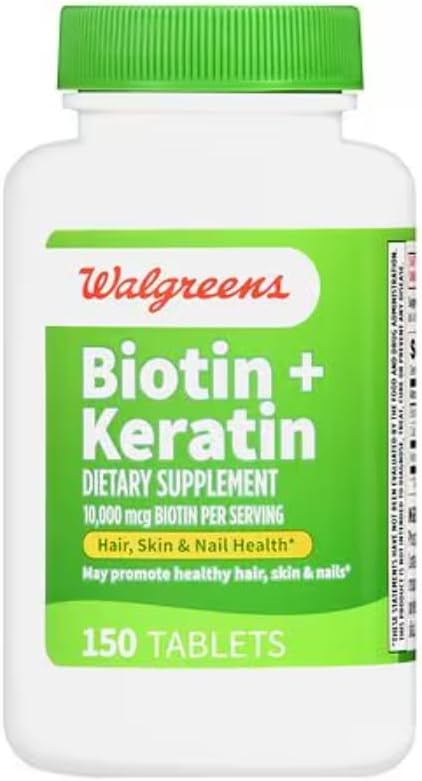 Walgreens Biotin + Keratin | 150 Count Tablets | 10mg of Biotin + 100mg of Keratin | Hair, Skin, and Nail Support Supplement