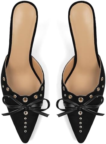 DOEYG Women Pointed Toe Bow Heels Mules Slip on Stiletto Heels Sandals Dress Party Wedding Studded Heels Pumps