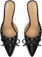 DOEYG Women Pointed Toe Bow Heels Mules Slip on Stiletto Heels Sandals Dress Party Wedding Studded Heels Pumps