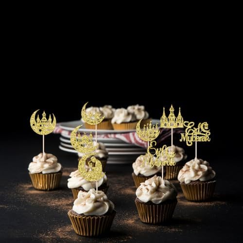 24 Pcs Eid Mubarak Cupcake Toppers,8 Patterns Glitter Moon Star Ramadan Cupcake Picks Happy Ramadan Cake Decorations,Ramadan Mubarak,Umrah Mubarak,Muslim Islam Eid Festival Party Decorations