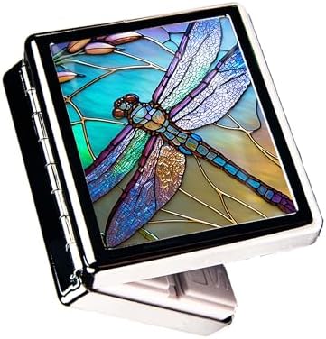 Travel Pill Organizer Small Pill Case for Purse Essentials 7 Days Cute Pill Box with Mirror Portable Pill Box for Pocket or Purse Pill Containe Travel Gifts (Art Dragonfly Stained Glass)