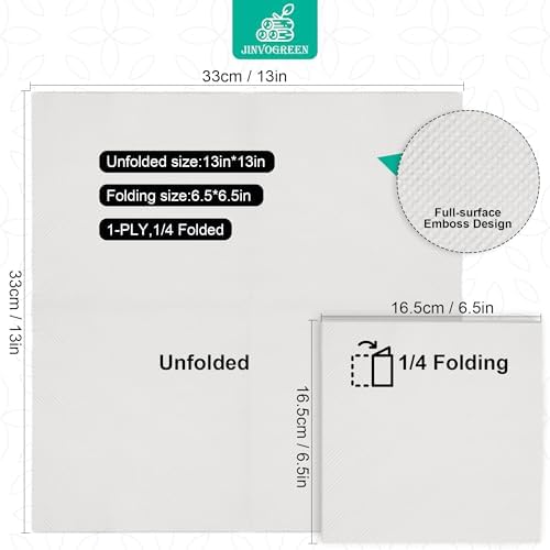 JINVOGREEN 2000 Count White Paper Napkins - 1-Ply 6.5 x 6.5 Folded Bulk Disposable Dinner Napkins for Restaurants, Bars and Parties - Soft and Absorbent 13 x 13 Unfolded