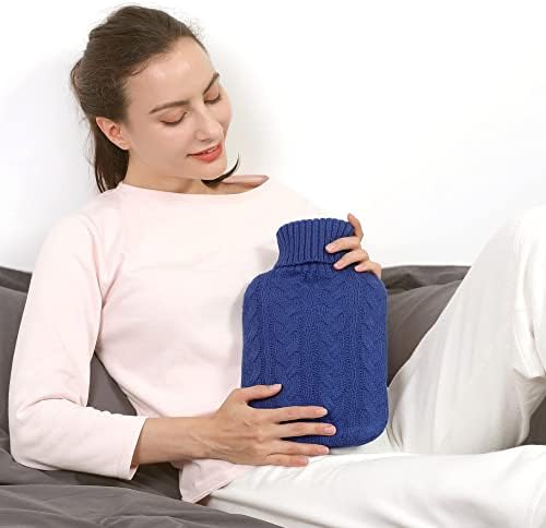 samply Hot Water Bottle with Knitted Cover, 2L Hot Water Bag for Hot and Cold Compress, Hand Feet Warmer, Ideal for Menstrual Cramps, Neck and Shoulder Pain Relief,Navy