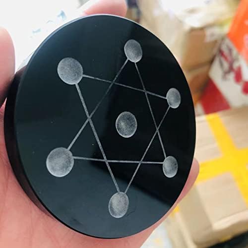 Circular 7 Star Plate Asian Black Obsidian Quartz Crystal Healing Ball Sphere Stand Slice 1pc (12CM)