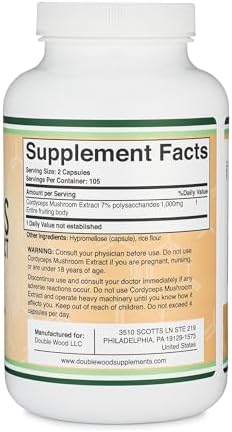 Cordyceps Capsules (Cordyceps Sinensis Mushroom Extract) 210 Count, 3.5 Month Supply, 1,000MG (7% Polysaccharides with Alpha and Beta Glucans) Overall and Aging Support by Double Wood