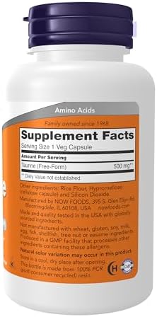 NOW Supplements, Taurine 500 mg, Nervous System Health*, Amino Acid, 100 veg Capsules