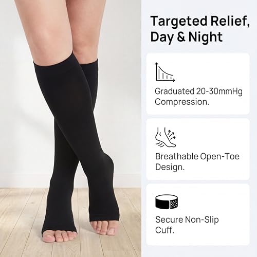 KEKING Knee High Compression Stockings for Women & Men, 20-30 mmHg Graduated Support Hose, Open Toe for Varicose Veins, Edema, DVT, Pregnancy, Nurses & Travel — Breathable & Comfortable, Black XXL