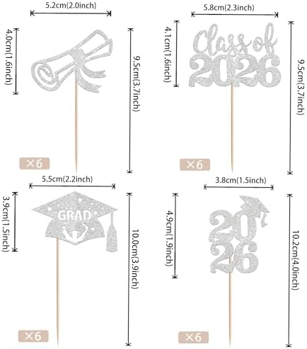 24 PCS 2026 Graduation Cupcake Toppers Glitter Class of 2026 Diploma Grad Cap Cupcake Picks 2026 Graduation Theme Party Cake Decorations Supplies Silver