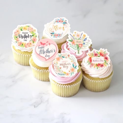 60 PCS Edible Happy Mother's Day Cupcake Toppers Wafer Paper Best Mom Cupcake Picks Edible Flowers Love Mother Cake Decorations for Happy Mother's Day Women Birthday Party Food Decorations Supplies