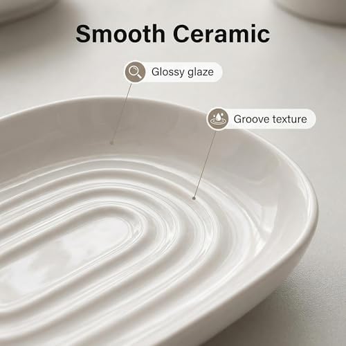 Ceramic Marble Pattern Soap Dish, Textured Raised Soap Saver Tray for Shower Bathroom Kitchen Sink Vanity, Easy to Clean Multi-Use Holder for Bar Soap Jewelry Rings Keys, White (1 Pack)