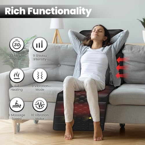 Massage Mat, Detachable Neck Massager, Full Body Vibration Heating, Massage Pad with 10 Vibrating Motors and 9 Speed Settings for Home Office Use, Gift for Men Women Parents Christmas,Black