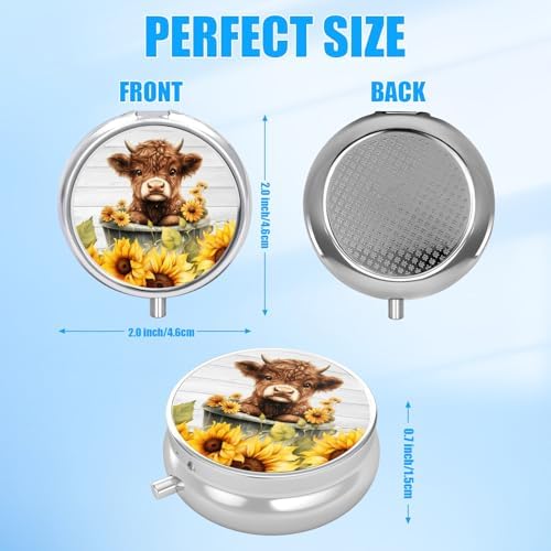 Sunflower Highland Cow Pill Case, Pill Box 3 Compartments Metal Small Pill Holder with Mirror Mini Travel Pill Container for Purse Pocket Women Men