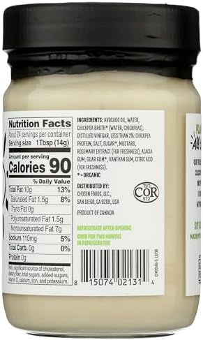 Chosen Foods Classic Vegan Avocado Oil-Based Mayonnaise, Gluten & Dairy Free, Low-Carb, Keto Diet Friendly, Mayo for Sandwiches, Dressings and Sauces (12 fl oz)