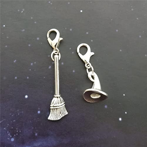 2pc Clip on Charm Set Witch Jewelry Broom Zipper Pull Wizard Charm Witch Hat Pendant