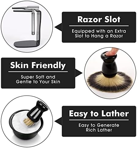 Mens Shaving Brush and Bowl Set, 3 in 1 Shaving Brush Set for Men with Shave Brush Bowl ABS Stand with Razor Slot, Perfect Father's Day Men Gift Set for Wet Shaving Experience - Black
