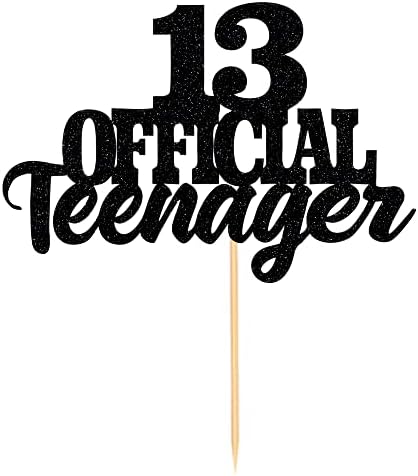13 Official Teenager Cake Topper-Glitter 13th Birthday Cake Pick Decorations for Teen 13th Birthday Party Supplies (Black)