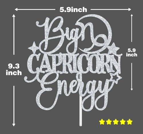 Big Capricorn Energy Cake Topper, Happy Birthday Capricorn in December/January, Capricorn Season, 12 Zodiac Constellation Theme Birthday Party Decoration Supplies，Silver Glitter