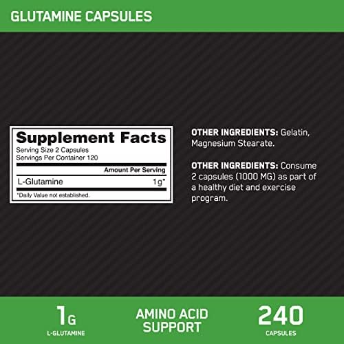 Optimum Nutrition L-Glutamine Muscle Recovery Capsules, 1000mg, 240 Count (Package May Vary)