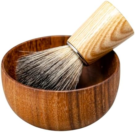 Shaving Brush and Bowl Set Synthetic Hair Shaving Brush with Solid Wood Handle and Wooden Shaving Soap Bowl for Men Easy to Lather Fits Wet Shaving