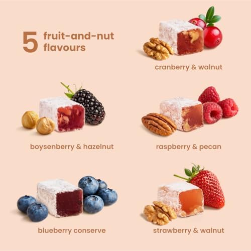 Liberty Orchards, Berry Delights - Assorted Vegan Berry Snack, Gluten Free, Lokum Nuts Strawberry, Blueberry Walnut Turkish Delight Candy Gift Box 10 Oz