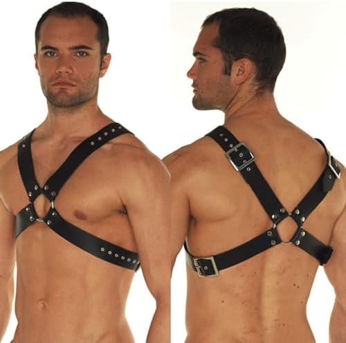 Mens Double-Shoulder Leather Chest Harness, Men's Sexy Punk Body Harness Belt, Adjustable Gothic Erotic Bondaged Strap Top, SM Nightclub Cosplay Clubwear Rave Armor