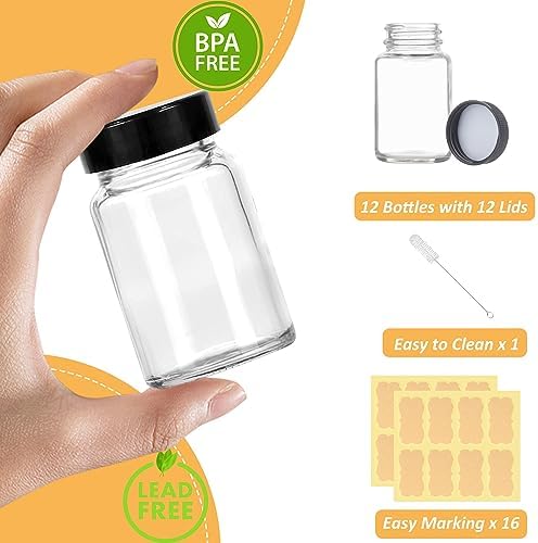 2 oz Small Clear Glass Bottles with Lids - 12 Pcs Wide Mouth Shot Bottles with Caps for Ginger Shots, Juice, Potion, Liquids, Whiskey - Mini Travel Bottles with Funnels, Stickers (12PCS-Clear)