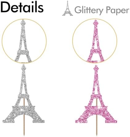 24PCS Eiffel Tower Cupcake Toppers, Wedding Party Decor, Bridal Shower Dessert Cupcake Toppers, Paris Themed Birthday Party Decoration - Pink & Sliver Glitter