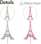 24PCS Eiffel Tower Cupcake Toppers, Wedding Party Decor, Bridal Shower Dessert Cupcake Toppers, Paris Themed Birthday Party Decoration - Pink & Sliver Glitter