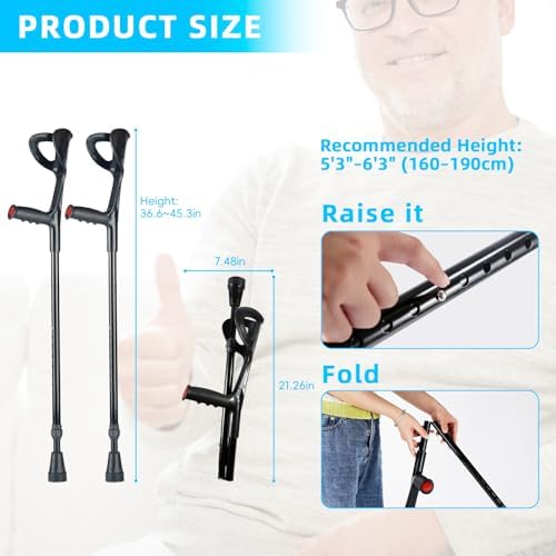 Portable Forearm Crutches, Lightweight Crutches, Folding Crutches Walking, Crutches for Adults, Temporary Support,Rehabilitant, Aluminum,10-Level Adjustable Height,1 Pair,Fits 5'3"–6'3", FUSHIDE