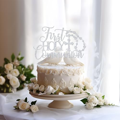 First Holy Communion Cake Topper, Christian Baptism Decor, My First Communion Decorations, Religious Wedding Christening Baptism Baby Shower 1st Birthday Party Decorations Silver Glitter