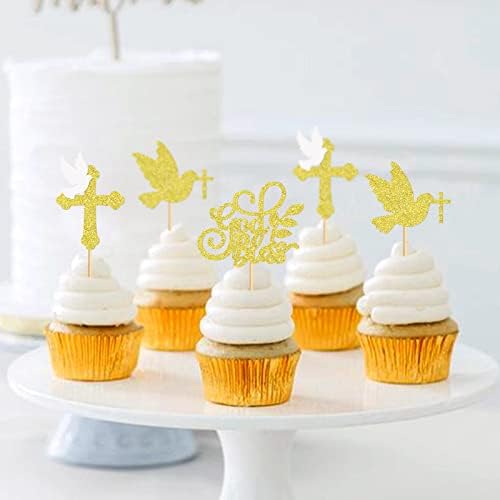 24Pcs Glitter Golden Cross Dove God Bless Cupcake Toppers First Holy Communion Cupcake Picks for Baptism Baby Shower Church Service Christian Birthday Party Cake Decorations