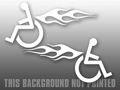 Set of 2: Left and Right Facing Wheelchair with Flames Sticker Decal ICS (Handicapped Logo Funny) Size: 3 x 6 inch x 2 Sticker