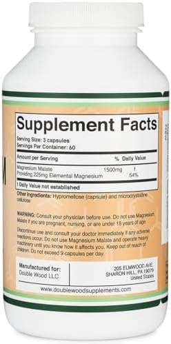Magnesium Malate Capsules (180 Count) - 1,500mg Per Serving (Magnesium Bonded to Malic Acid), Third Party Tested, Vegan Friendly, Gluten Free by Double Wood Supplements