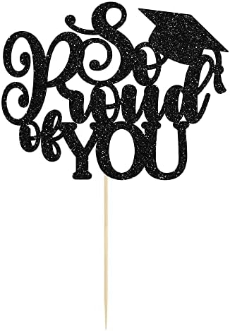 1Pc So Proud of You Cake Topper with Gold Glitter Diploma Graduation Cap Cake Pick Congrats Class of 2026 Cake Decorations for 2026 Graduation Theme High School Boys Girls Party Supplies Black