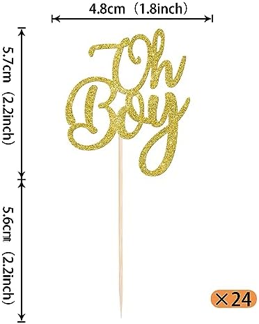 Rsstarxi 24 Pack Oh Boy Cupcake Toppers Gold Glitter Baby Shower Cake Decorations Gender Reveal It's A Boy Cupcake Picks for Celebrating Baby Boy Shower Kids Birthday Party Decorations