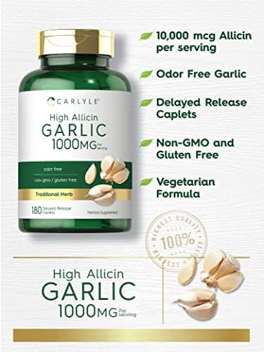 Carlyle Garlic Supplement 1000mg | 180 Caplets | Odorless Pills | High Allicin Extract | Vegetarian, Non-GMO & Gluten Free