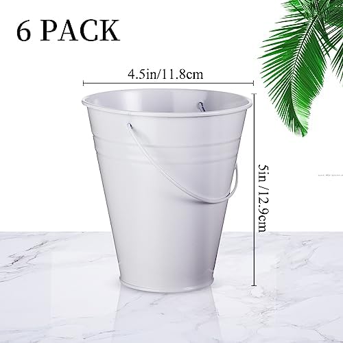 Sadnyy 6 Pack White Small Metal Galvanized Bucket with Handle 5" White Mini Metal Buckets and Pails Graduation Party Container Table Centerpiece for Candy Vase